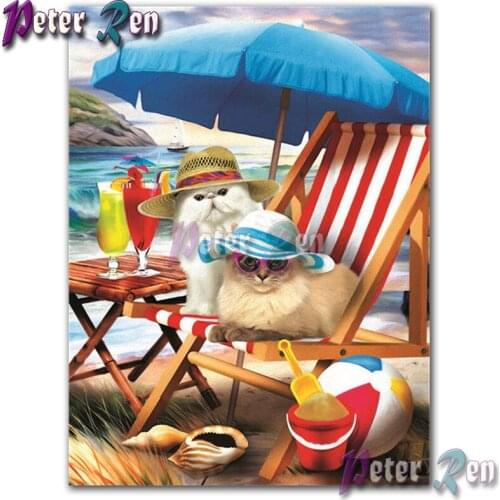 5d Cat couple seaside juice Diamond Painting Embroider Square or round Mosaic Cross stitch Rhinestone Home wedding decoration