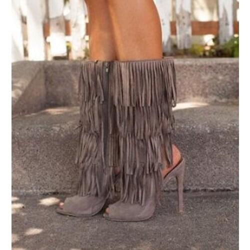 Sexy Mid Calf Fringe Boots Pepe Toe Cut-out High Heels Tassel Boot Brown Green Black Suede Dress Shoes Buckle Strap Sandal Boot