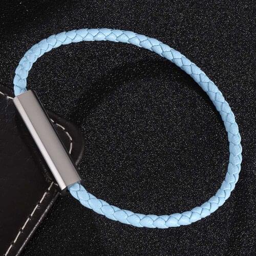 Blue Leather Bracelet Men Stainless Steel Magnetic Clasp Handmade Men Bracelets Bangles Braided Leather Bracelet BB0623