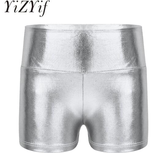 Kids Girls Ballet Dancewear Sports Shorts Metallic Shiny High Waist Dance Shorts Bottoms Activewear for Sports Gymnastic Workout