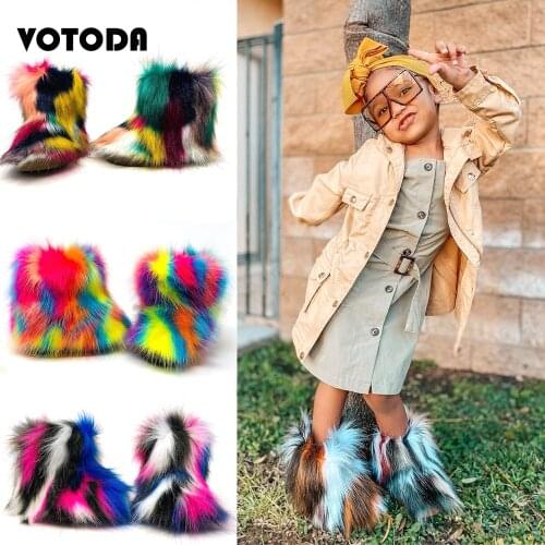 Children Snow Boots Winter Warm Girl Plush Boots Kids Cute Flat Fluffy Ankle Boots Fashion Colorful Fur Boots Warm Cotton Shoes