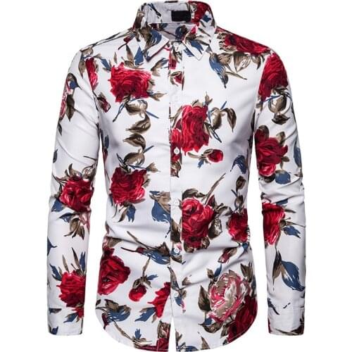 Dorpshipping Autumn Brand New Men Rose Floral Printed casual Long Sleeve shirt Holiday Party Slim fit male Dress Shirts Homme