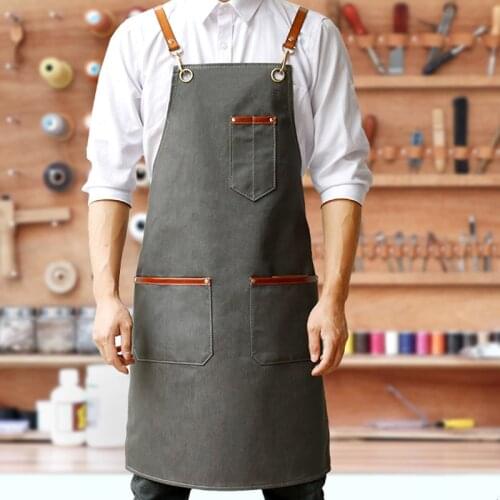 Denim Canvas Apron Crossback Leather Straps Barista Bartender BBQ Pastry Chef Uniform Barber Hairdresser Florist Work Wear E25