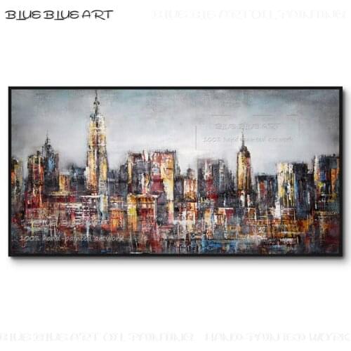Artist Hand-painted Abstract City Landscape Acrylic Painting on Canvas Abstract New York City View Painting for Living Room Wall