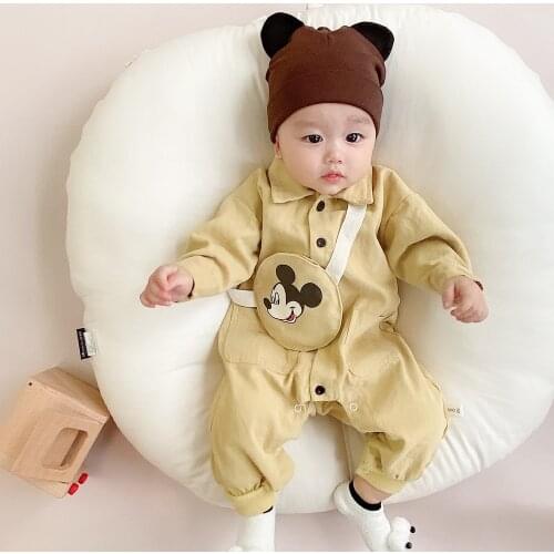 Disney Baby Rompers Spring Autumn Mickey Infant Jumpsuit Baby Girls One-piece Clothing New Born Boys Climbing Clothes With Bag