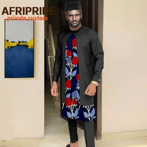 Men`s Suit African Clothing Set Print Outwear Ankara Pants and Cashmere Hat 3 Piece Outfits Tribal Clothes Plus Size A2116003