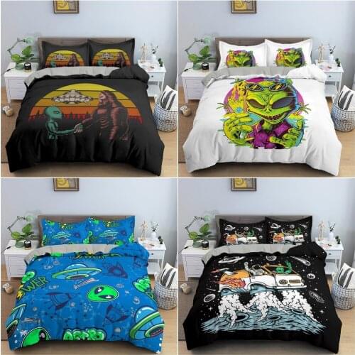 2/3Pcs Mysterious UFO Alien Bedding Set Luxury Bedclothes Cartoon Print Polyester Duvet Cover With Pillowcase For Bedroom Decor