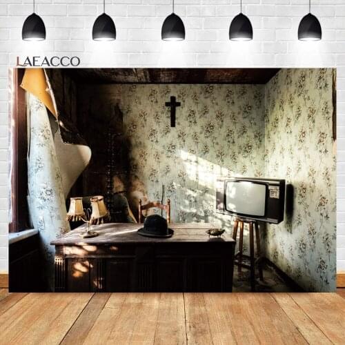Laeacco 90s Retro Christian Indoor Room Backdrop Cross Old TV For Baby Child Baptism Portrait Customized Photography Background