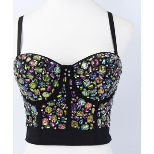 Fashion Colorful Rhinestone Top Gothic Bra Womens Cropped Corset Sexy V-neck Elegant Basic Vest Festival Clothing