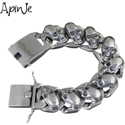 Apinje Wide Skull Big Bracelet Men 925 Sterling Silver Biker Men Bracelets Bangle Jewelry