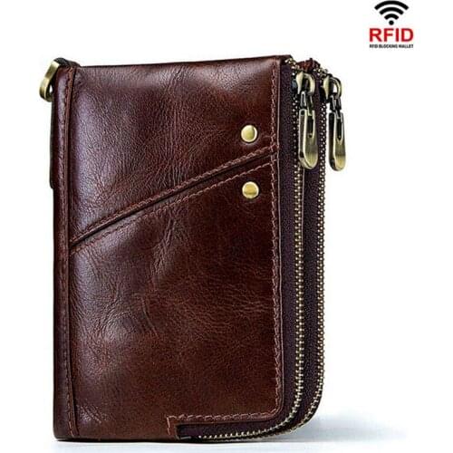 Double Zipper RFID Blocking Theft Protection Mens Wallet Genuine Leather Vintage Wallets Casual Coin Purse Card Holder Cash