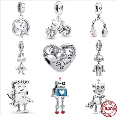 New 925 Sterling Silver Robot Peace Airplane Headphone Bicycle Beads Fit Original Charms Pandora Bracelet Bead Jewelry making