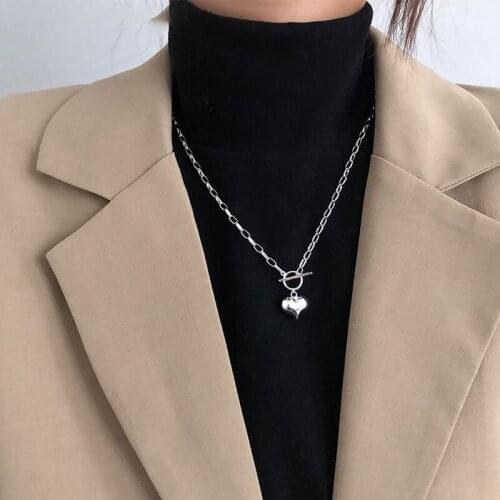 POPACC 925 Sterling Silver Simple Love Heart Charm Pendant Necklace OT Clasp Chain Necklace For Women Jewelry Gifts