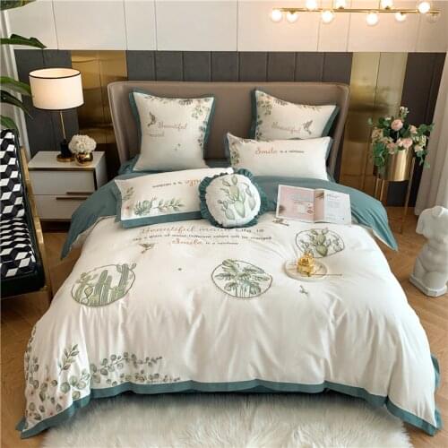 Luxury White/Green Soft Cozy Egyptian Cotton Sanded Bedding Set Cactus Embroidery Duvet Cover Bed Sheet Or Bedspread Pillowcases