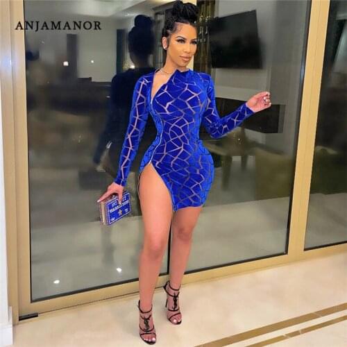 ANJAMANOR Sexy Bodycon Mini Dresses Party Club Velvet Mesh Zipper Split Long Sleeve Dress Fall 2021 Wholesale Clothing D43-DE28