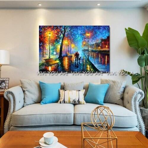 High quality Hand painted Lover Rain Street Tree Lamp Landscape Oil Painting On Canvas Home Decor Wall Pictures For Living Room