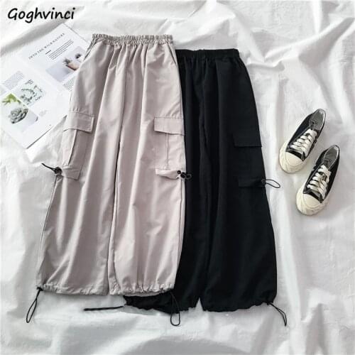 Women Pants Safari Style Solid Fashion Multi-pockets Adjustable Elastic Waist Students Cargo Pant Spring Autumn High Street Chic