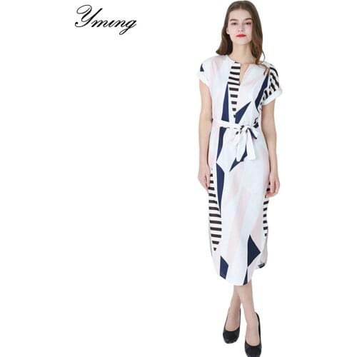 Yming Women Long Dress Floral Print Geometric Irregular V-neck Party Dresses With Belt Short Sleeve Plus Size Striped Vestidos