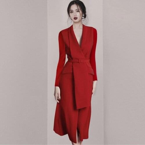 Runway Designer Office OL Dress Autumn Womens Long Sleeves Red Black Notched Collar Long Dress Elegant Sashes Party Midi Dress