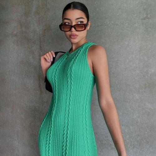 Summer Knit Long Dress Women Solid Color Round Neck Sleeveless Form-Fitting Casual Jumper Dress for Female Ladies Fashion New