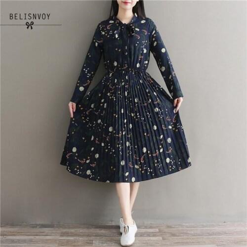 Mori Girl Vintage Midi Dresses Women Spring Autumn Vestidos Longo Female Long Sleeve Floral Printed Chiffon Pleated Dresses