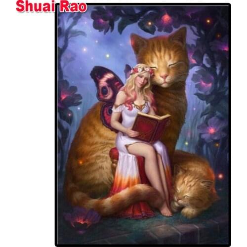 5d Big Cat And Beauty Diamond Painting Full Drill Square Picture Of Rhinestones Diamond Embroidery Woman Animal Nice Gift