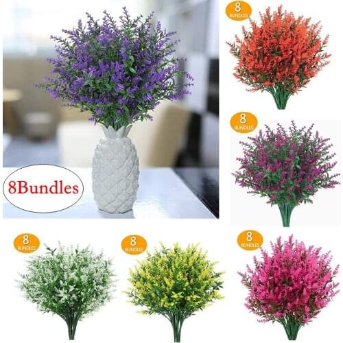 8 Bundles/Pack Artificial Flowers Fake Lavender Flowers Fake UV Resistant Shrubs Flowers for Home Wedding Decoration Indoor