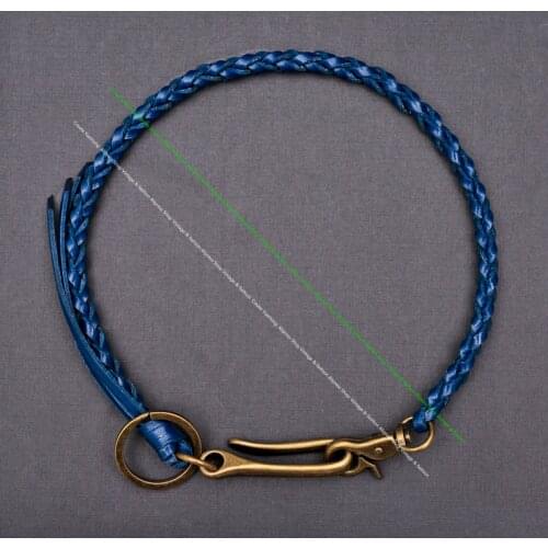 20" Blue Veg Full Grain Leather Handmade Strong Braided Trucker Keyring Jeans Wallet Chain Key Holder With Brass U HOOK