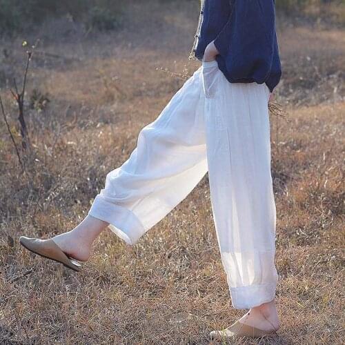 SCUWLINEN 2021 Zen Trousers for Women Casual Artsy White Elastic Waist All-match Double Layered Loose Ramie Wide-leg Pant S1180