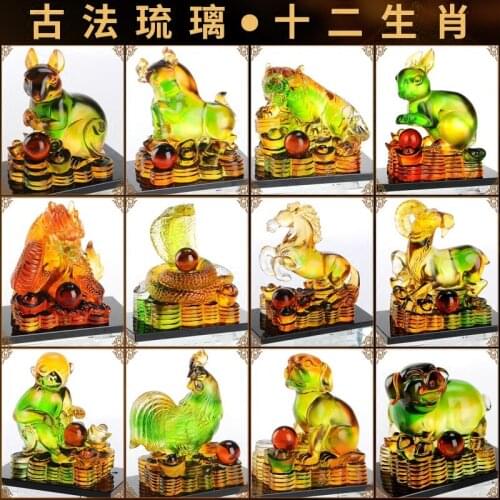 Coloured glaze 9K Glass zodiac animal pieces ox Tiger rabbit dragon snake horse and goat monkey Chicken dog pig Car are