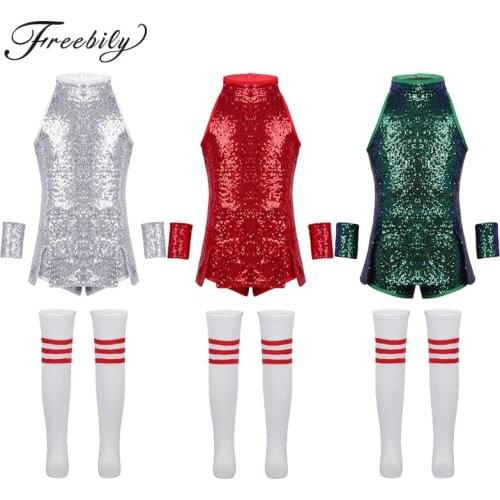 Kids Gilrs Modern Ballroom Cheerleading Costumes Dancing Dress Shiny Sequins Tops with Socks Street Dancing Party Dancewear