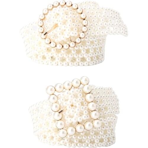 Elegant Women Pearl Belt Waist Belt Elastic Buckle Pearl Chain Belt Female Girls Dress Wedding Party Clothes Jean Strap