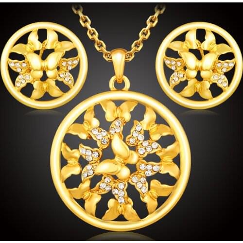 ERLUER Fashion Crystal Gold Color Jewelry Round Butterfly Pendant Necklace Earrings Jewelry Sets For Women Female Wedding Gifts