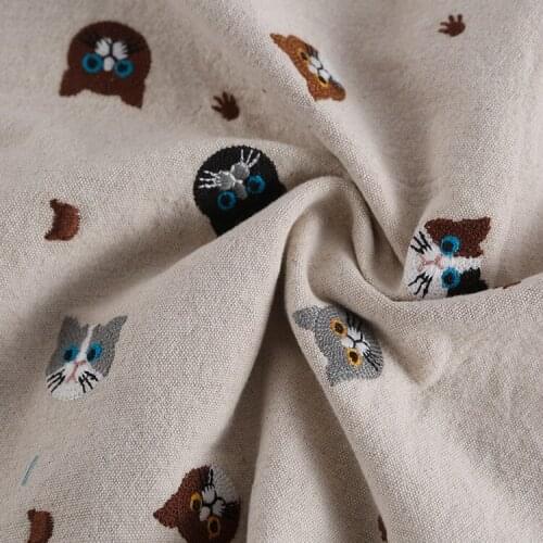 Animal Cat Embroidery Cotton Fabric dress DIY Handbag Table Cloth Cartoon animal Curtain decorative fabric