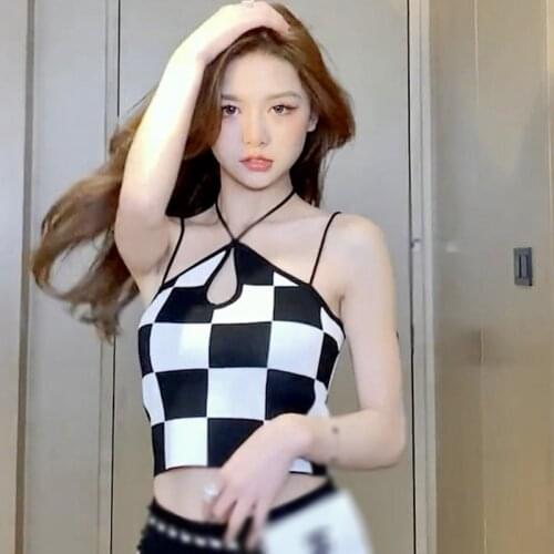Summer Lady Plaid Printed Halter Tops Slim Sexy Exposed Nave Knitted Cross Sling Tank Tops