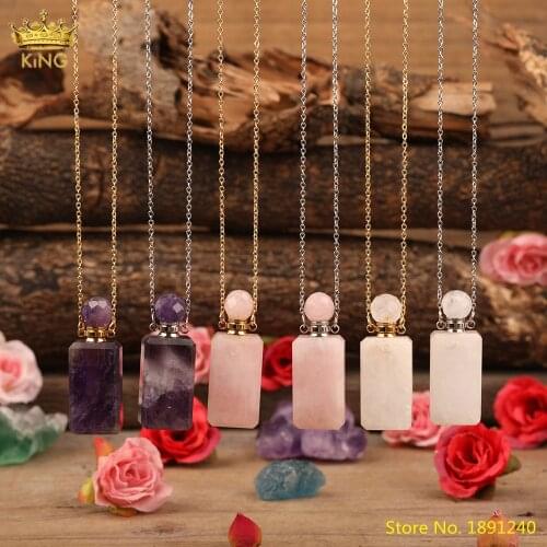Fashion Women Square Natural Stone Perfume Bottle Pendant Jewelry Amethysts Roses Quartz Essential Oil Diffuser Vials Necklace
