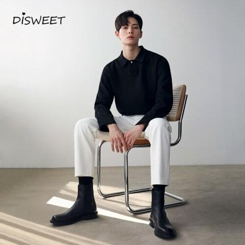 Solid Lapel Mens T-shirt Korean Loose Long Sleeve Pullover Tees Boy Simple Slim Top Man 2020