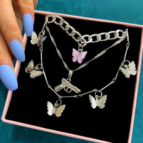 Punk Silver Color Multilayer Chokers Necklaces For Women Butterfly Pistol Letter Dragon Crystal Pendant Necklace Hiphop Jewelry