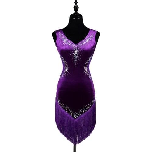 Purple Lady performance dress Women latin dane clothes latin dance dress girls stones tassel latin dance dresses dancer clothin