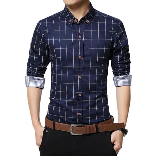 2021 Mens Shirt Cotton Dress Plaid Shirts Male Long Sleeve Slim High Quality Fit Business Casual Cardigan Shirt Plus Size 5XL