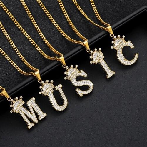 Crystal Zircon Alphabet Pendant Necklaces For Women Men Crown Initial Letter Necklace Hip Hop Gold Chain Jewelry Collier