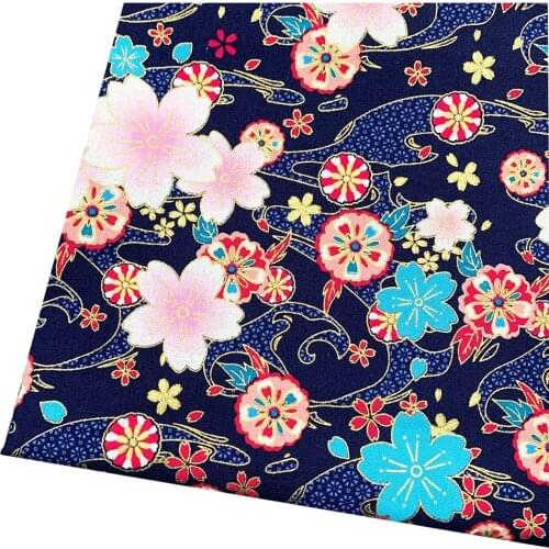 Dark Blue Flowers Cotton Bronzing Japanese Style Fabric For Sewing Kimono Dolls & Bags Needlework DIY Patchwork Cloth
