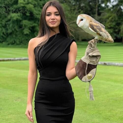 VC Free Shipping Women Black Dress Sexy One Shoulder Sleeveless Vestidos Celebrity Christmas Party Bodycon Dress