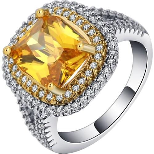 Bright Yellow Cubic Zirconia Pave Bands Finger Rings Jewelry White Gold Filled Elegant Round Design Rings For Women Accessories