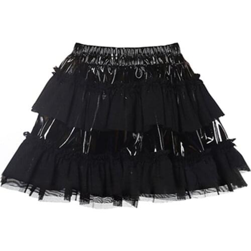 Punk Gothic Women Ruffle Skirts Sexy Black PVC Faux Leather Mesh Patchwork Skirt Pole Dance Skirt Tutu Pettiskirt