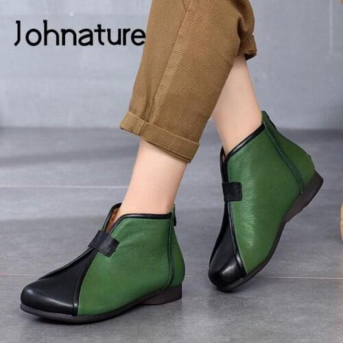 Johnature Retro Shoes Mixed Colors Women Boots Genuine Leather 2021 New Flat With Round Toe Handmade Casual Ankle Platform Boots