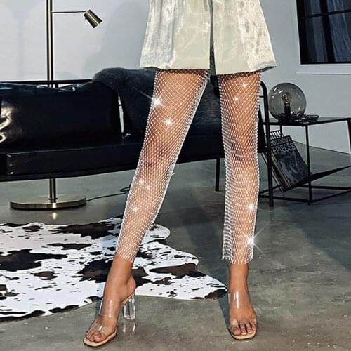 Loose See Through Long Pant Hollow Out Fishnet Grid Shiny Diamante Elastic Waist Hot Trousers Music Festival Lady Cover Up Pants