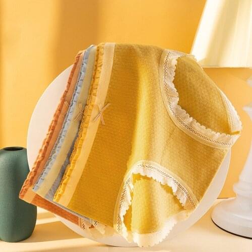 Wasteheart New Women Fashion Yellow Blue Cotton Bottom Lace Bow Mid Waist Panties Underwear Lingerie Women Briefs F Maiden