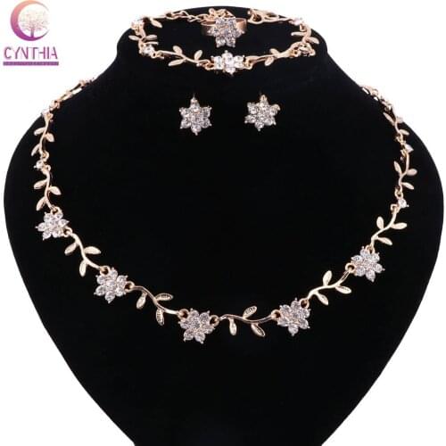 Women Gold Silver Color Boho Flowers Jewelry Sets Statement Necklace For Party Wedding Crystal Bracelet Earrings Ring