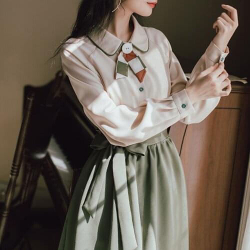 French Fashion Suit Spring 2021 New Long Sleeved Lapel pin Long Sleeved Chiffon Shirt Top + High-Waist Bow Tie Skirt Suit Female